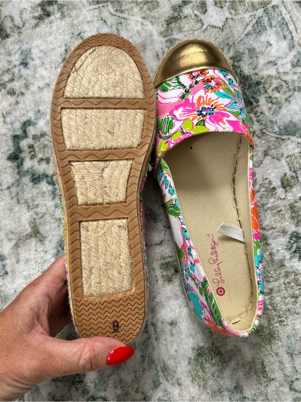 Lilly Pulitzer Pink Floral Espadrille Flats with Green & Orange Accents - Picture 6 of 7